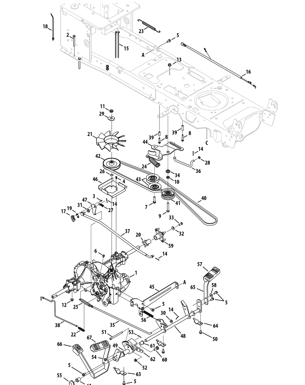 Drive System Diagram and Parts List for SLTX1054VT 13VR92AK009-13WR92AK009-13WR92AK010 Cub Cadet Lawn Tractor